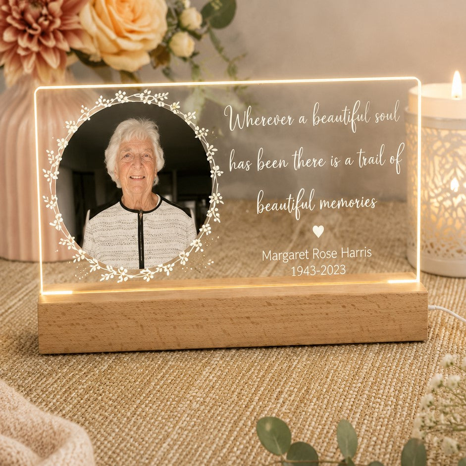 memorial light with photo and name