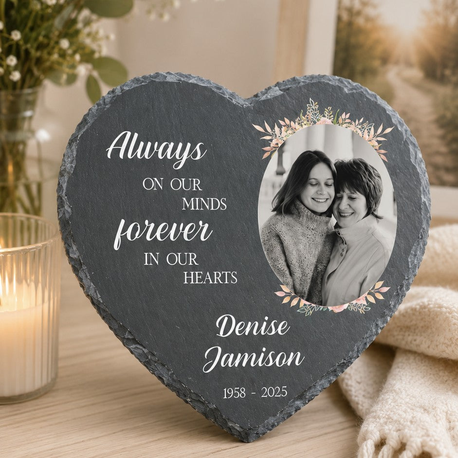 Custom heart-shaped slate memorial with floral photo frame and personalised wording