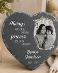 Custom heart-shaped slate memorial with floral photo frame and personalised wording