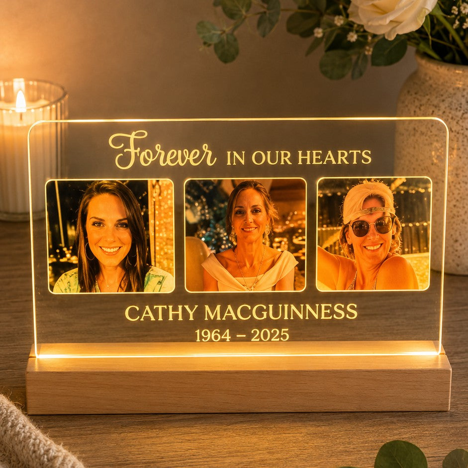 memorial light with three photos