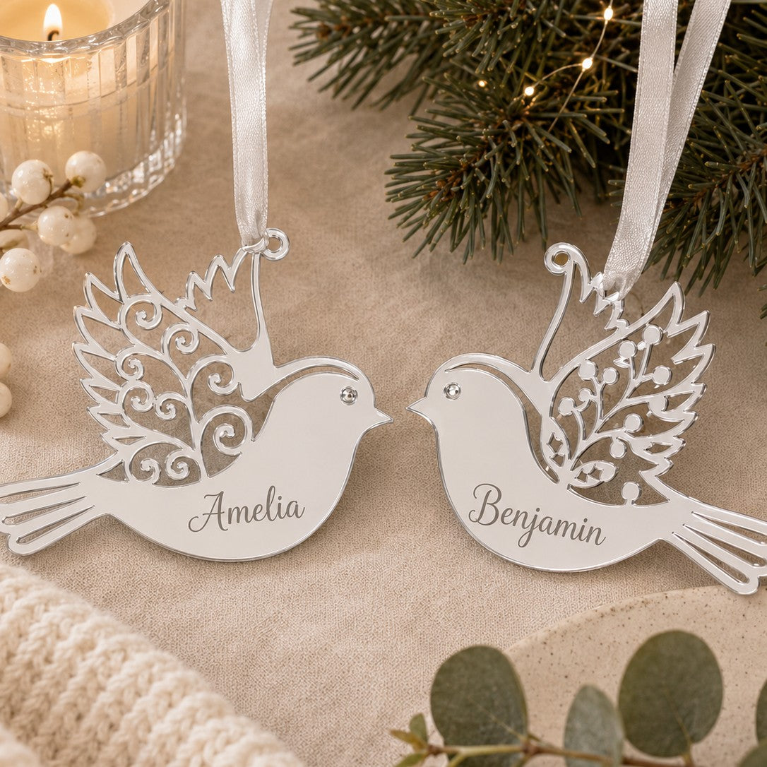 personalised silver mirror bird ornament with custom name
