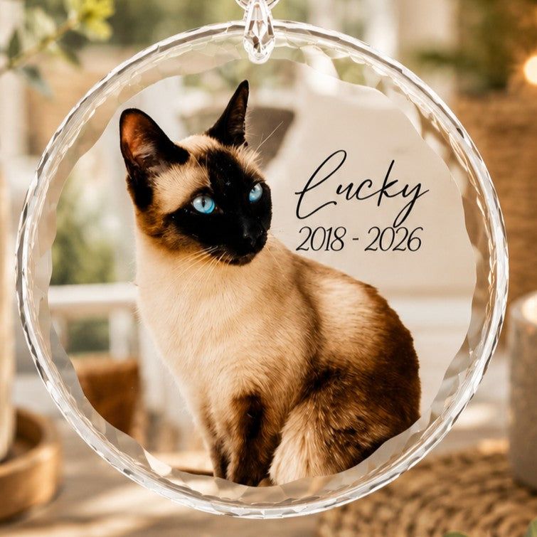 Personalised crystal pet memorial ornament featuring pet photo, name and memorial dates 