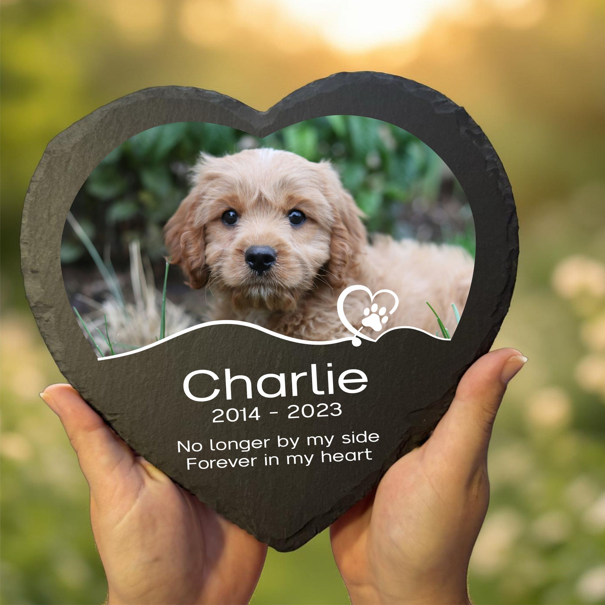 heart shaped pet memorial keepsake with name and dates