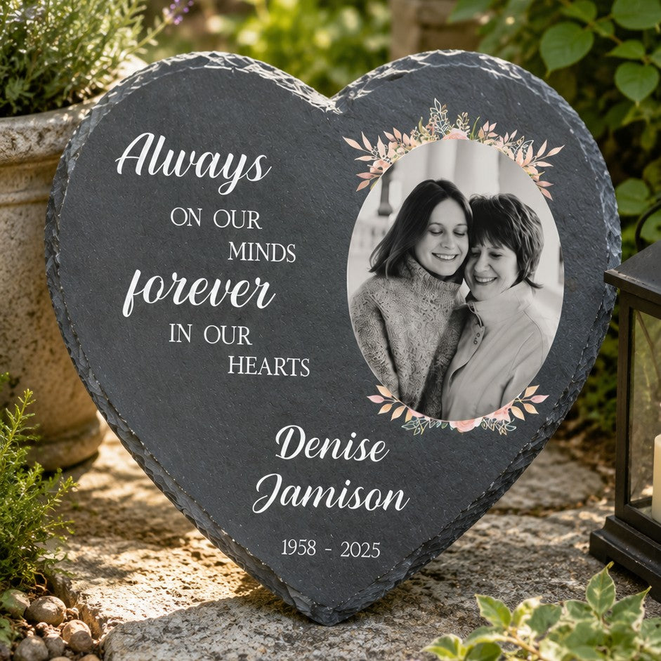 Personalised floral photo slate heart memorial plaque with custom photograph