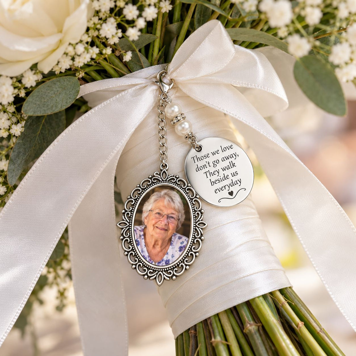 Bridal bouquet remembrance photo charm for loved one