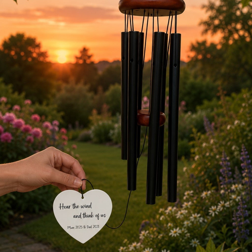 hear the wind and think of me, personalised windchimes, memorial gift