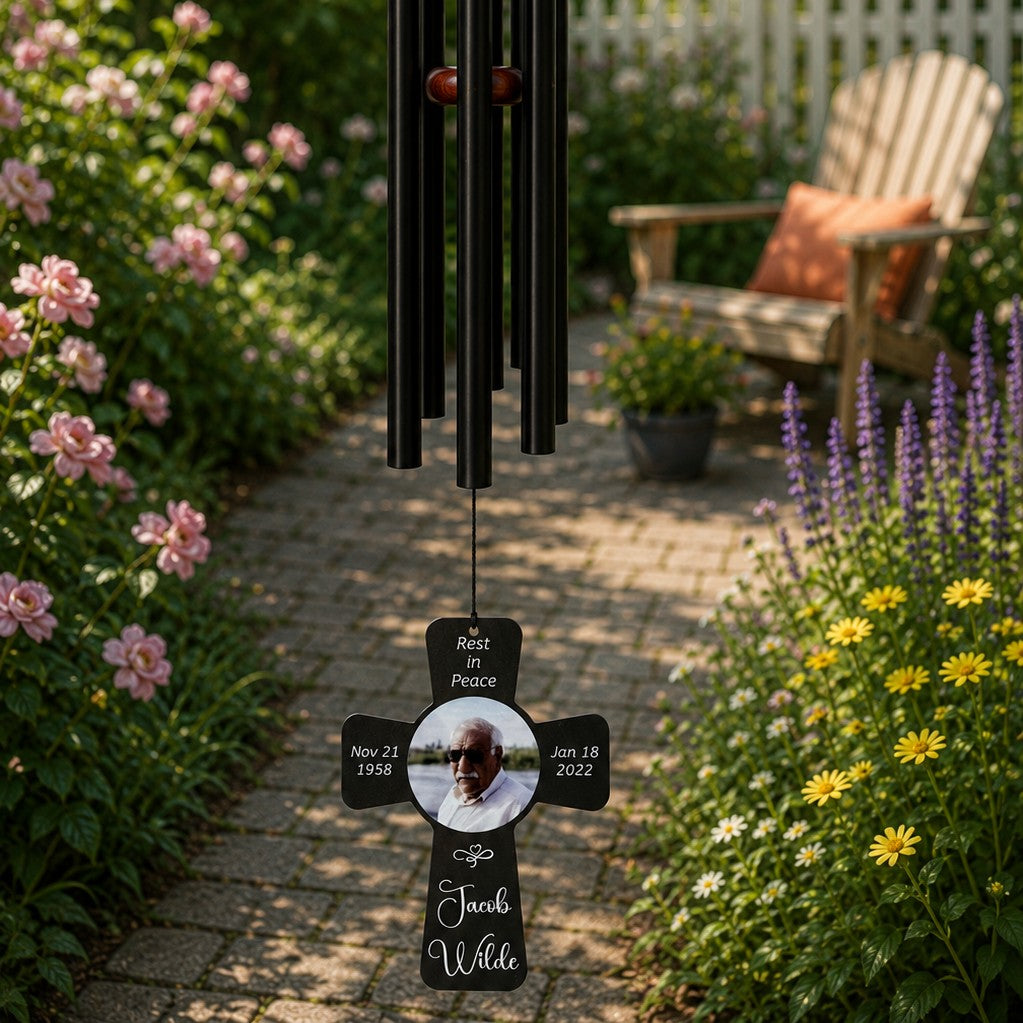 memorial windchimes with cross