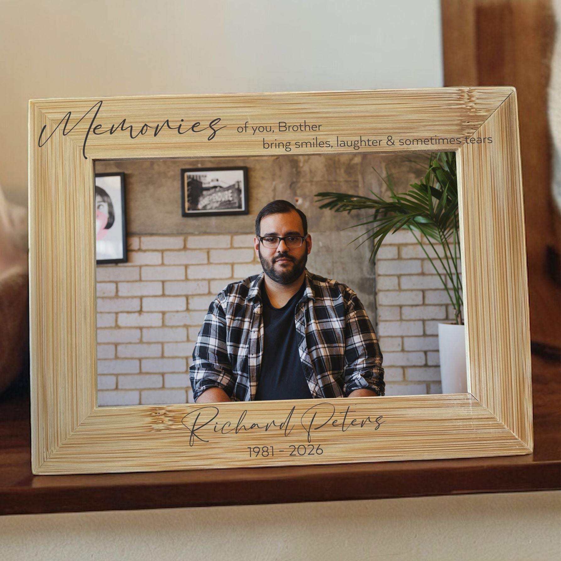 Personalised memorial bamboo photo frame with name and dates