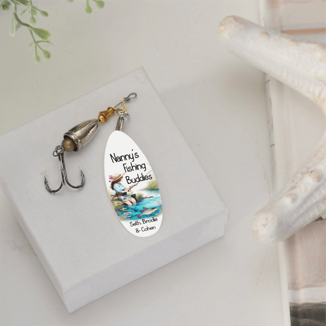 Personalised fishing lure with custom name or message, presented in gift box