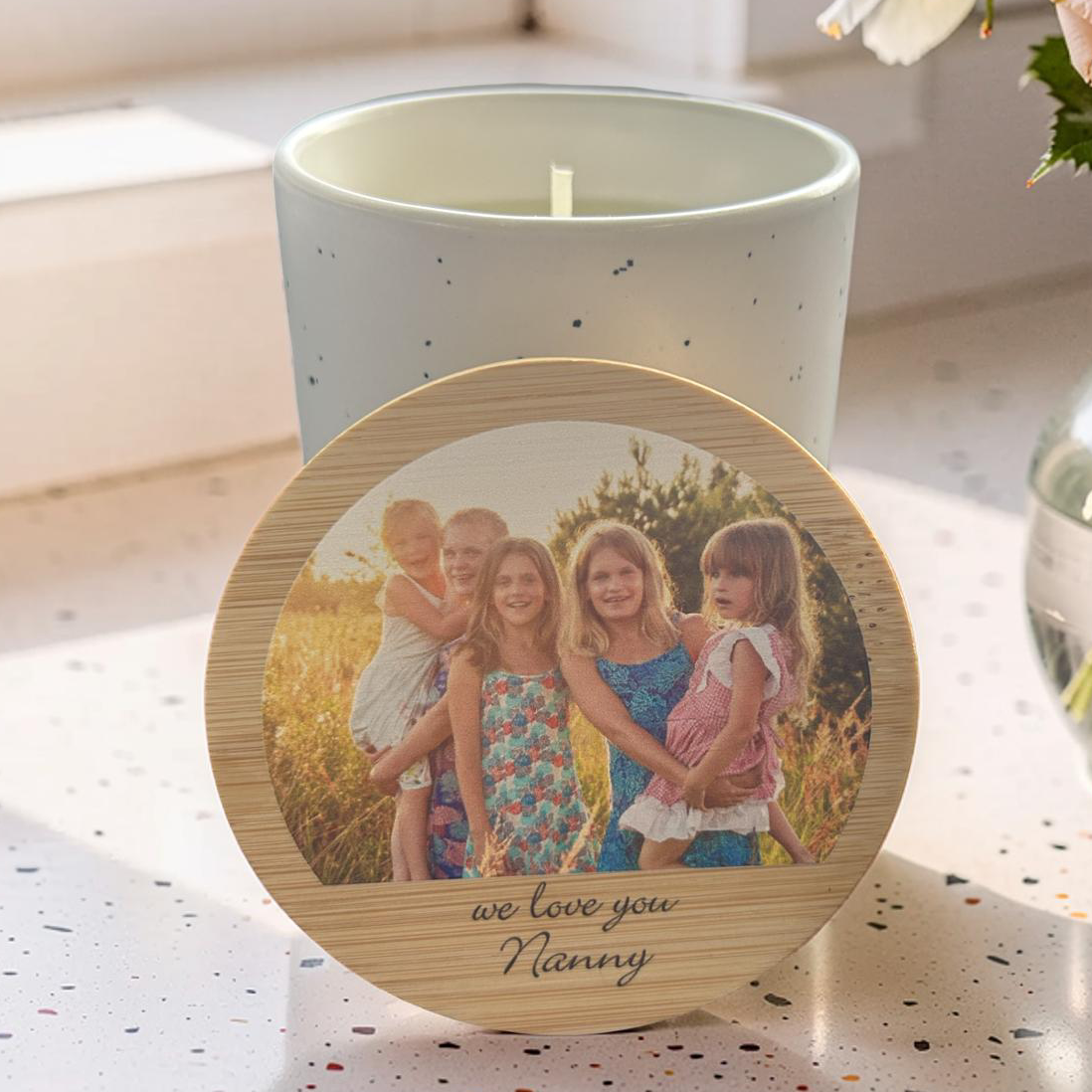personalised candle with family photo Mother’s Day