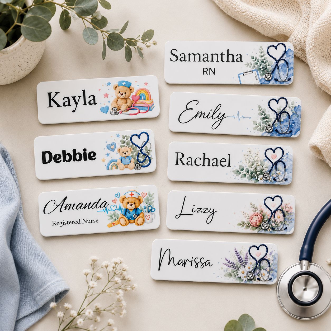 Personalised nurse name badges with floral stethoscope and nurse teddy designs