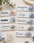 Personalised nurse name badges with floral stethoscope and nurse teddy designs
