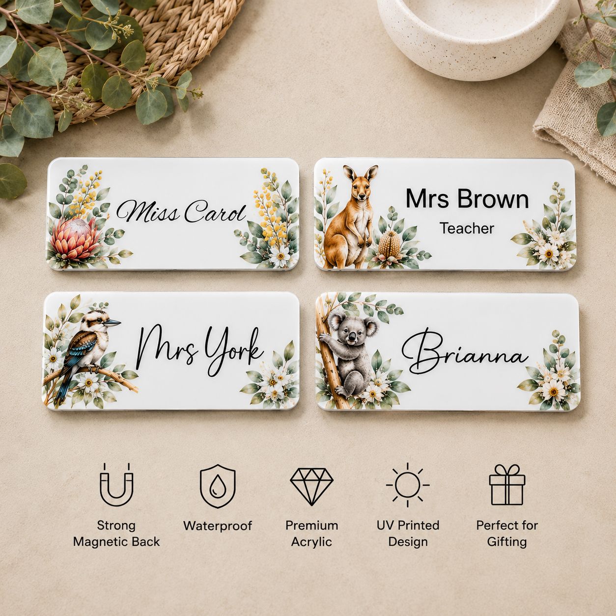 Australian native teacher name badge with kookaburra eucalyptus and personalised name