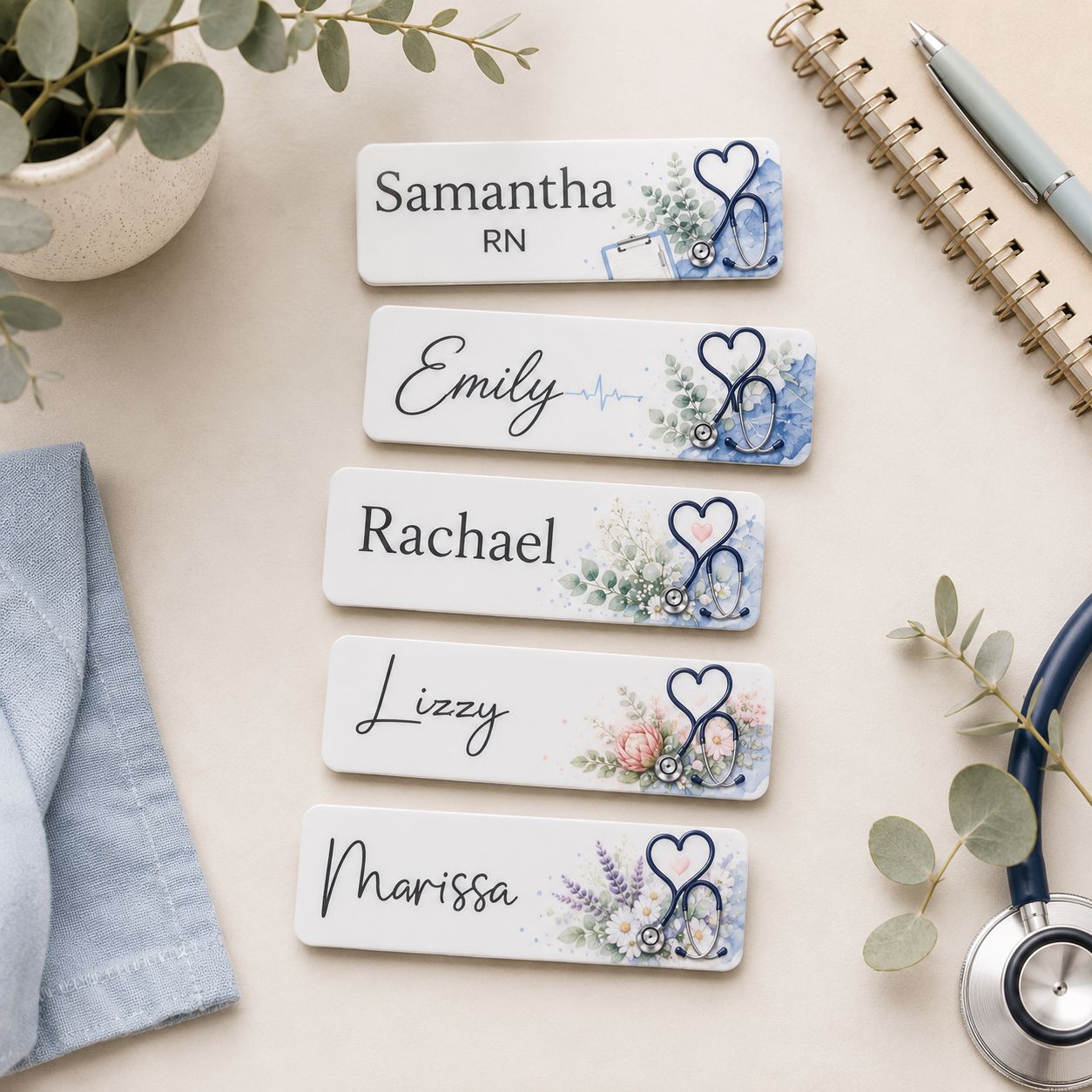 Personalised RN and Registered Nurse magnetic name badges with choice of designs