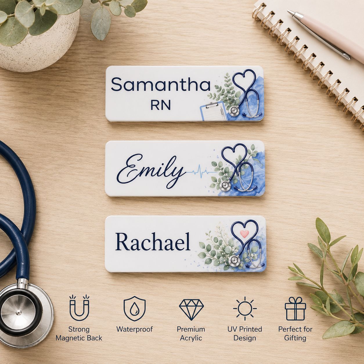 Personalised RN and Registered Nurse magnetic name badges with choice of designs