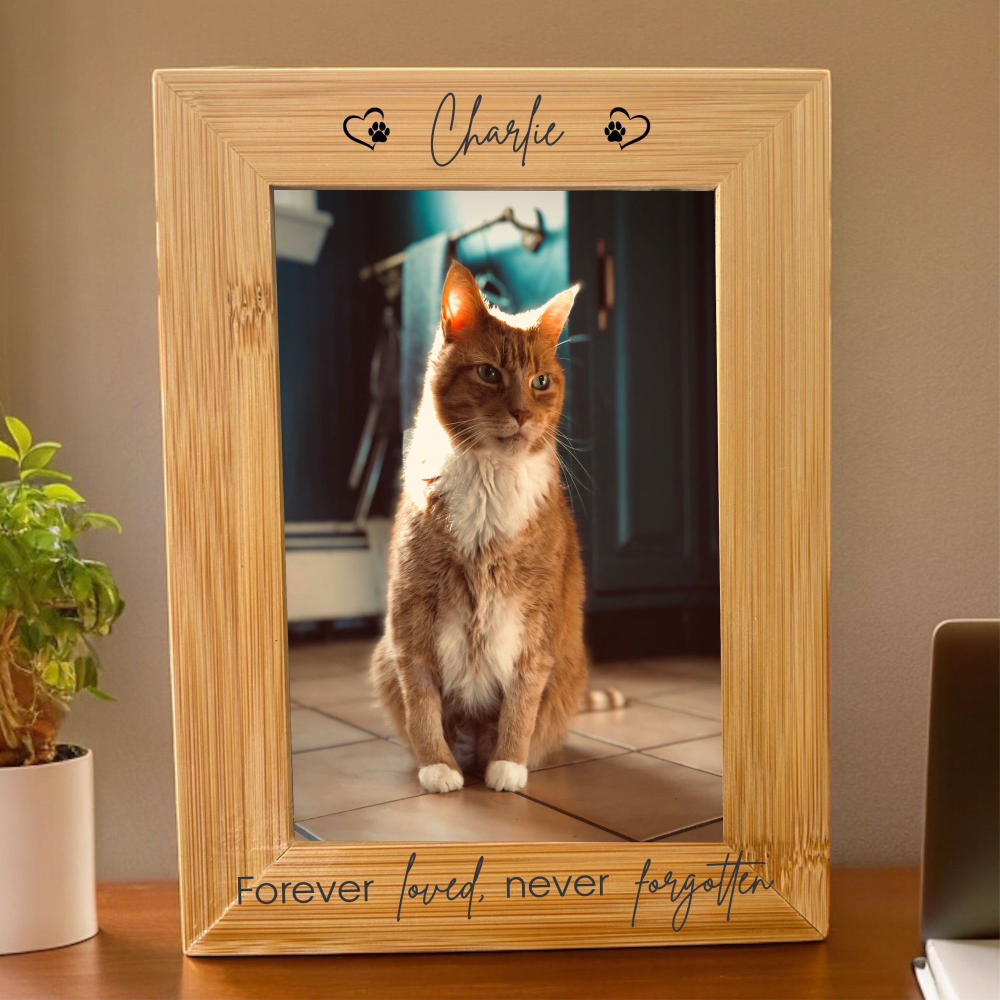 Personalised pet memorial bamboo photo frame with name
