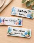 Colourful coral and seashell magnetic teacher name badge with custom name