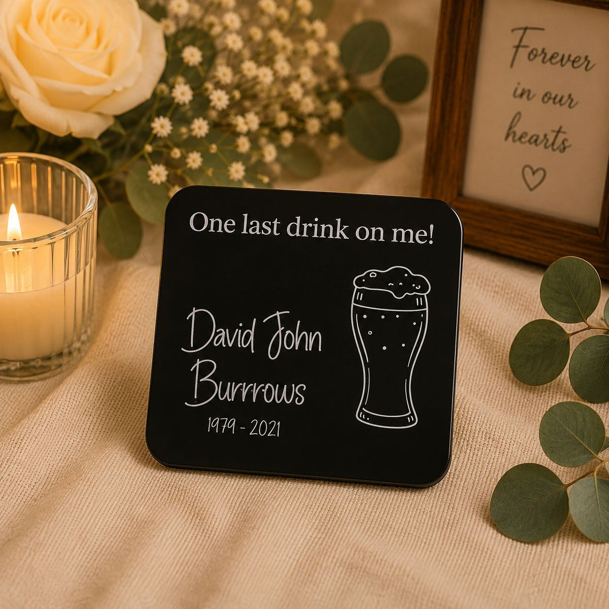 Memorial coasters engraved on 3mm black acrylic for celebrations of life