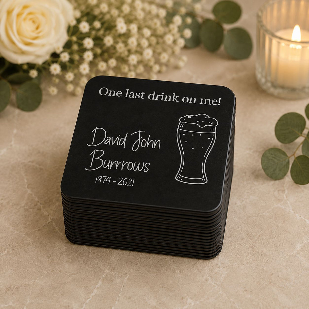 Personalised remembrance coasters available in bundles of 10, 20, 50, 70 and 100