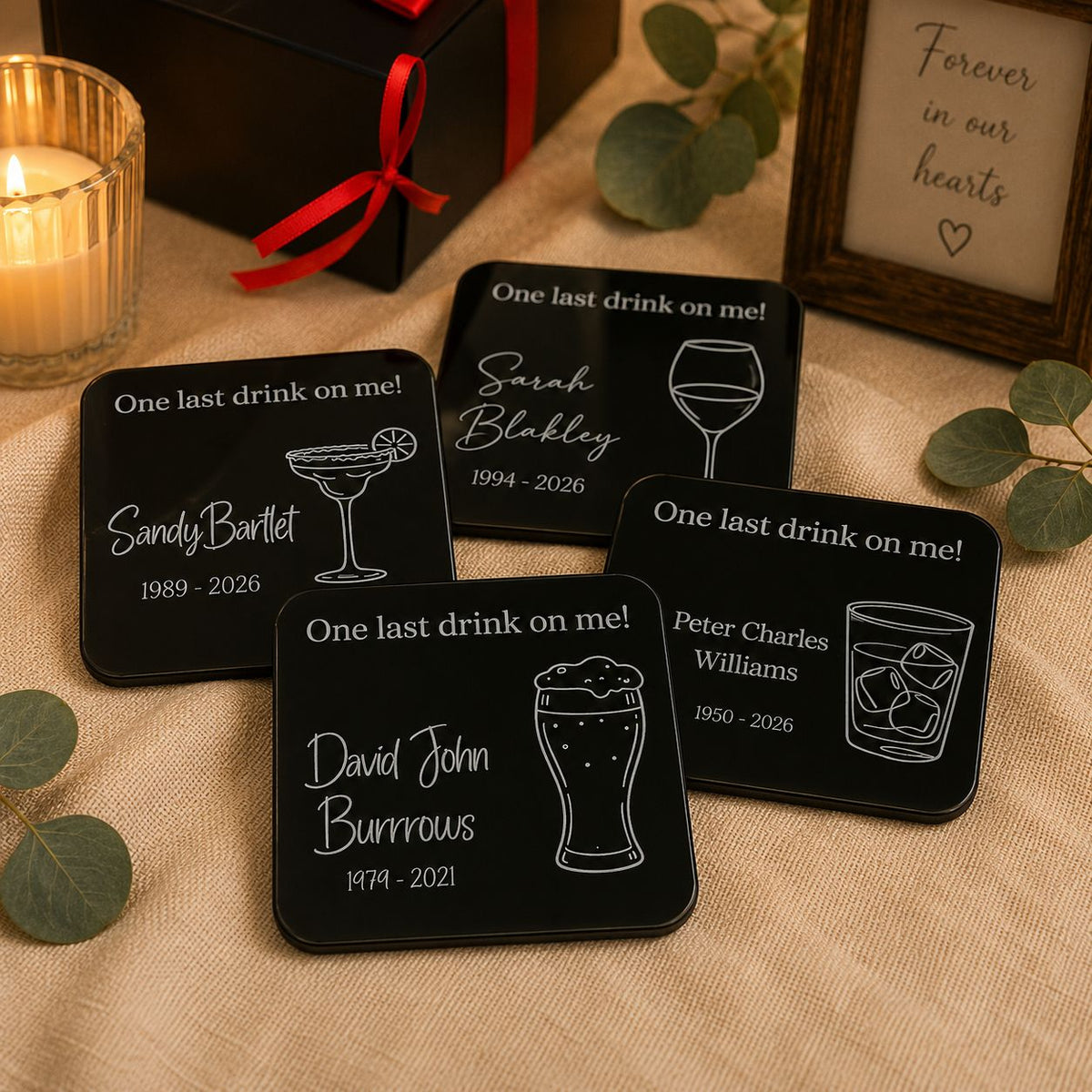 Personalised black acrylic memorial coasters with cork backing for funeral keepsakes
