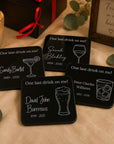 Personalised black acrylic memorial coasters with cork backing for funeral keepsakes
