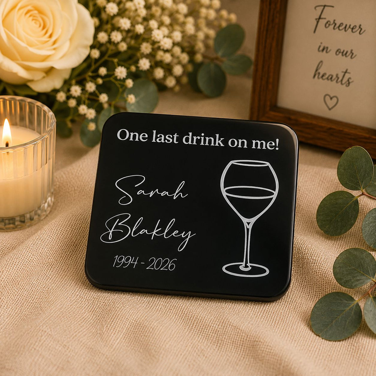 Personalised memorial coasters with cork backing for funeral keepsakes