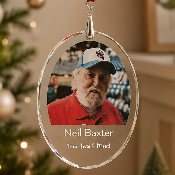 Personalised crystal memorial photo Christmas ornament with black velvet gift bag