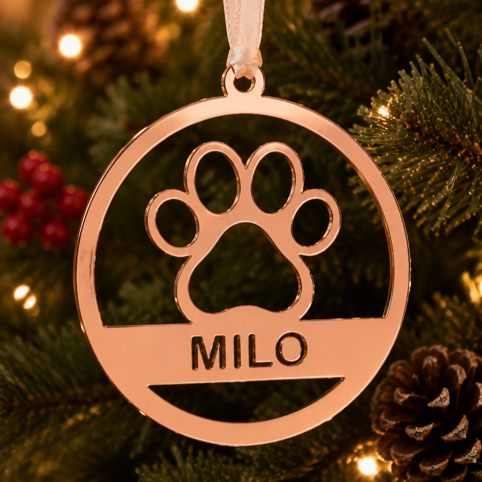 Rose gold paw print ornament with custom nae