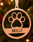 Rose gold paw print ornament with custom nae