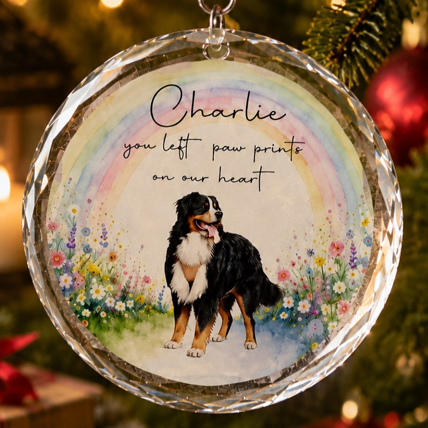 Personalised crystal pet memorial ornament featuring custom pet photo  and rainbow memorial design