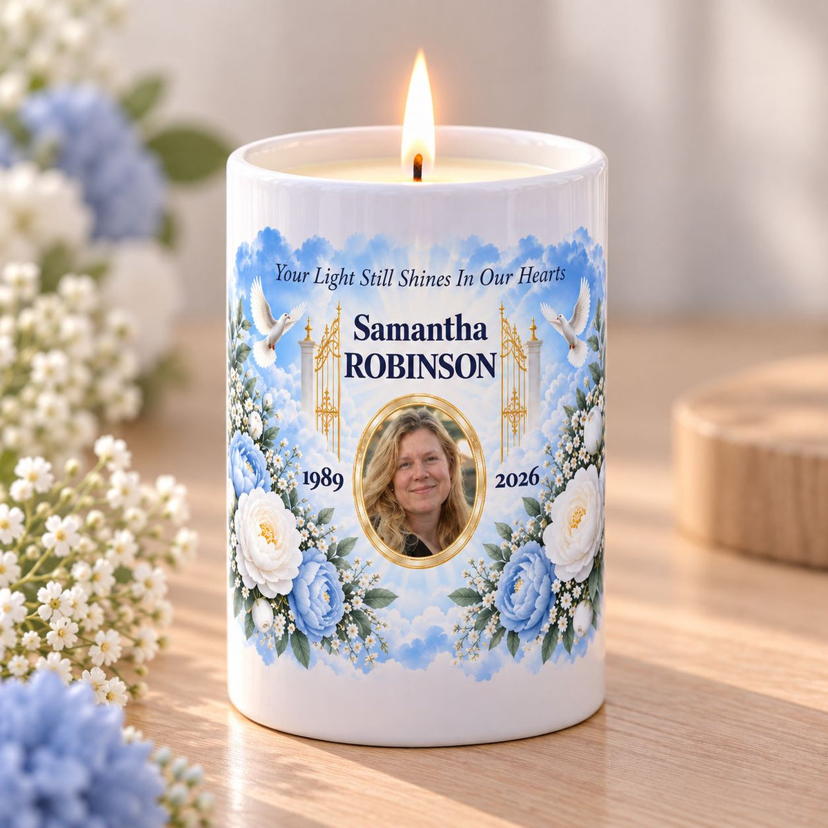 Heaven’s Gates personalised memorial photo candle in blue