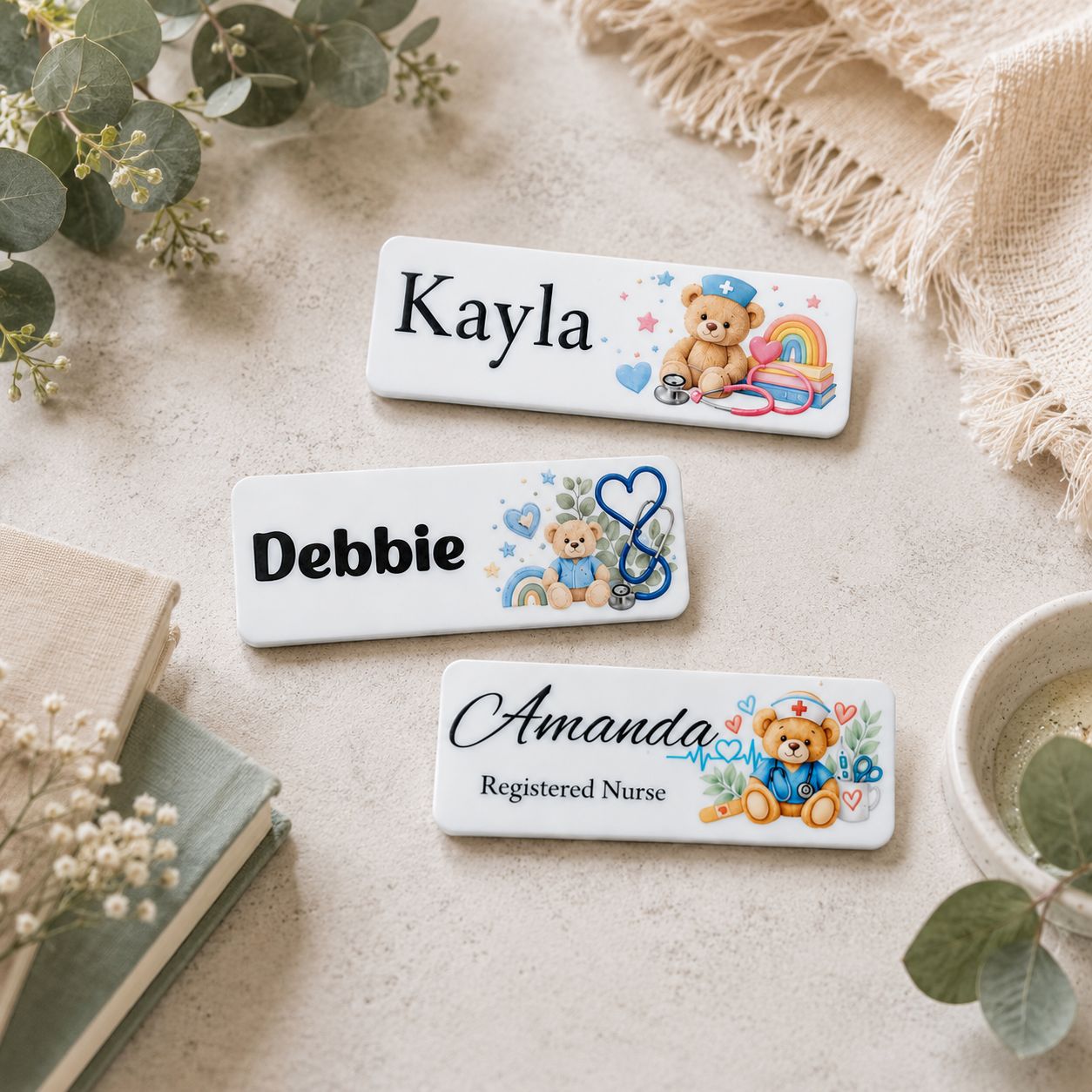 Personalised nurse name badges with  nurse teddy designs