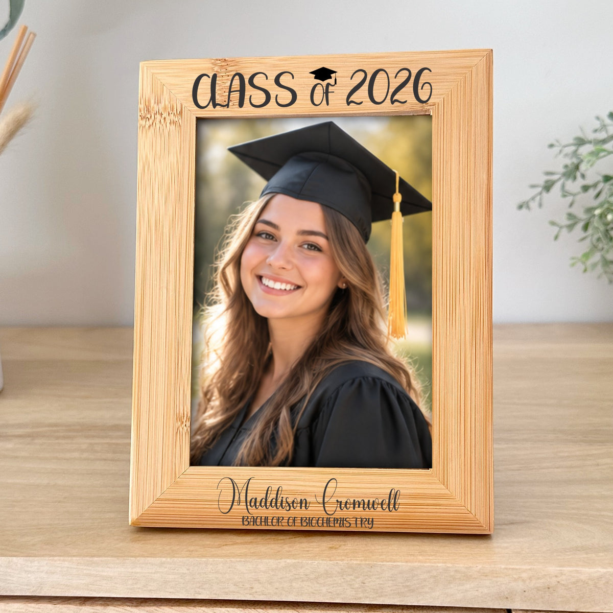 Personalised bamboo graduation photo frame with Class of 2026, graduate name and qualification