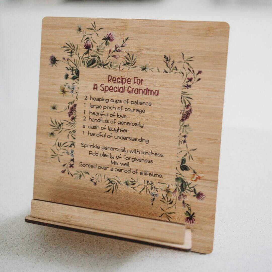 Personalised bamboo recipe stand engraved with Recipe for a Special Name