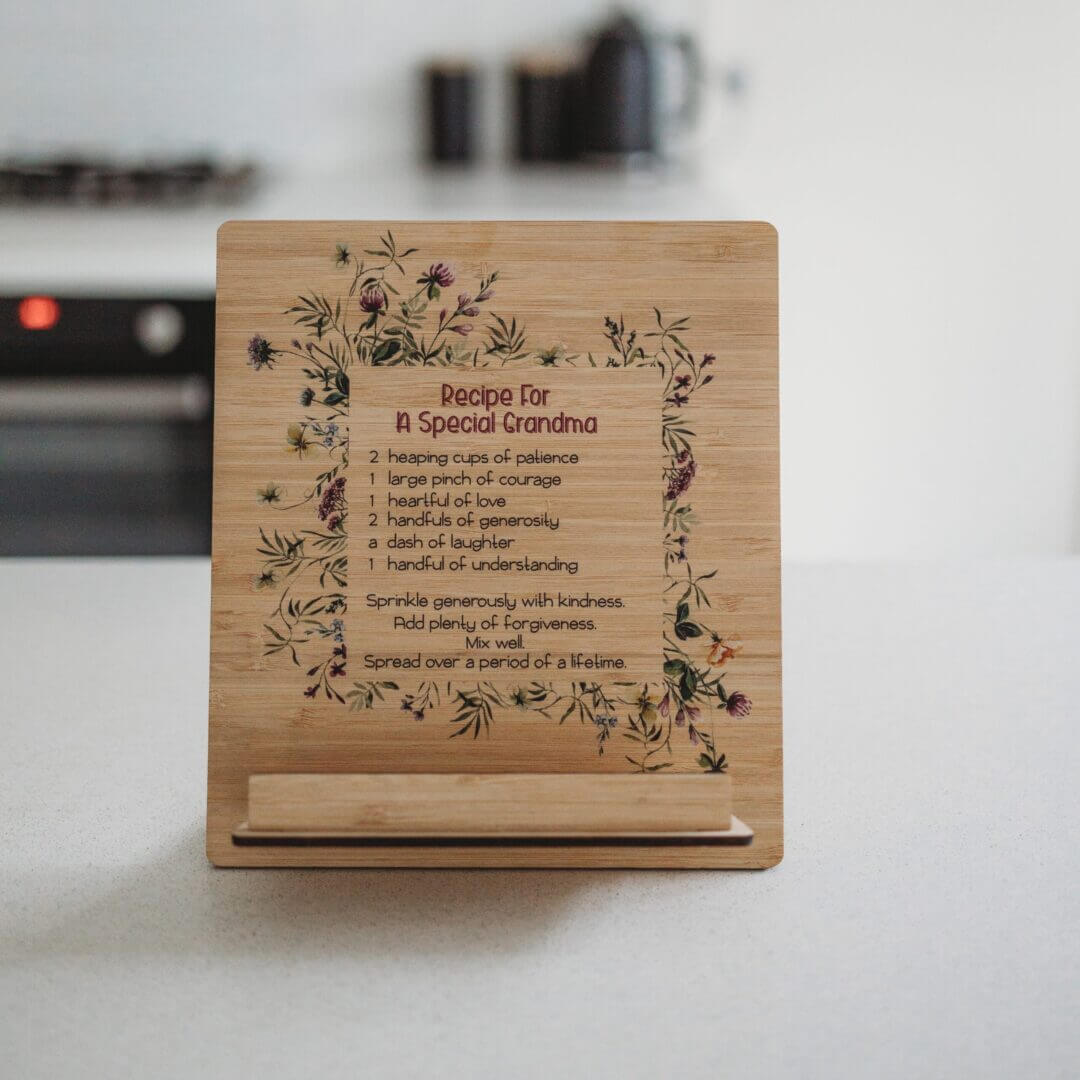 Personalised wooden recipe stand for kitchen tablet or cookbook