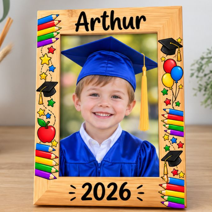 Personalised bamboo preschool graduation photo frame with child's name, year and colourful pencils, balloons and graduation caps