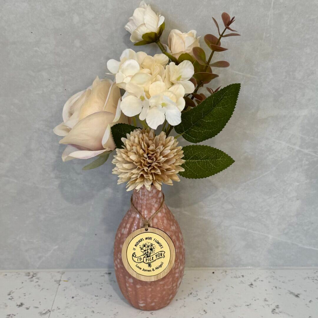 Personalised everlasting flower arrangement in vase with etched medallion
