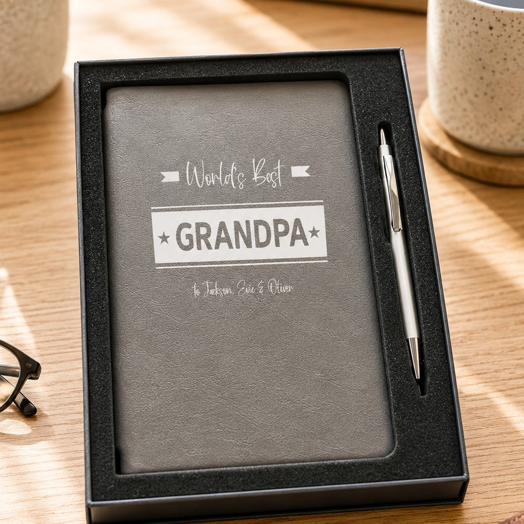 personalised vegan leather book and pen gift set