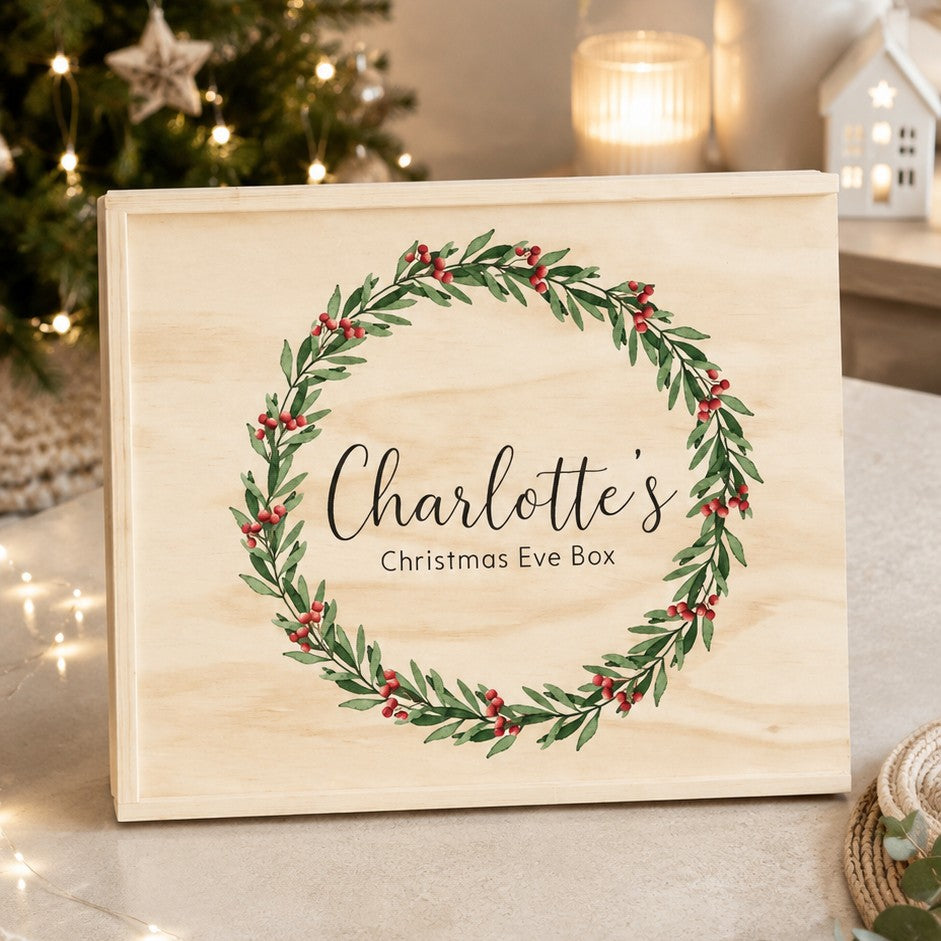 A personalized wooden Christmas Eve box 
