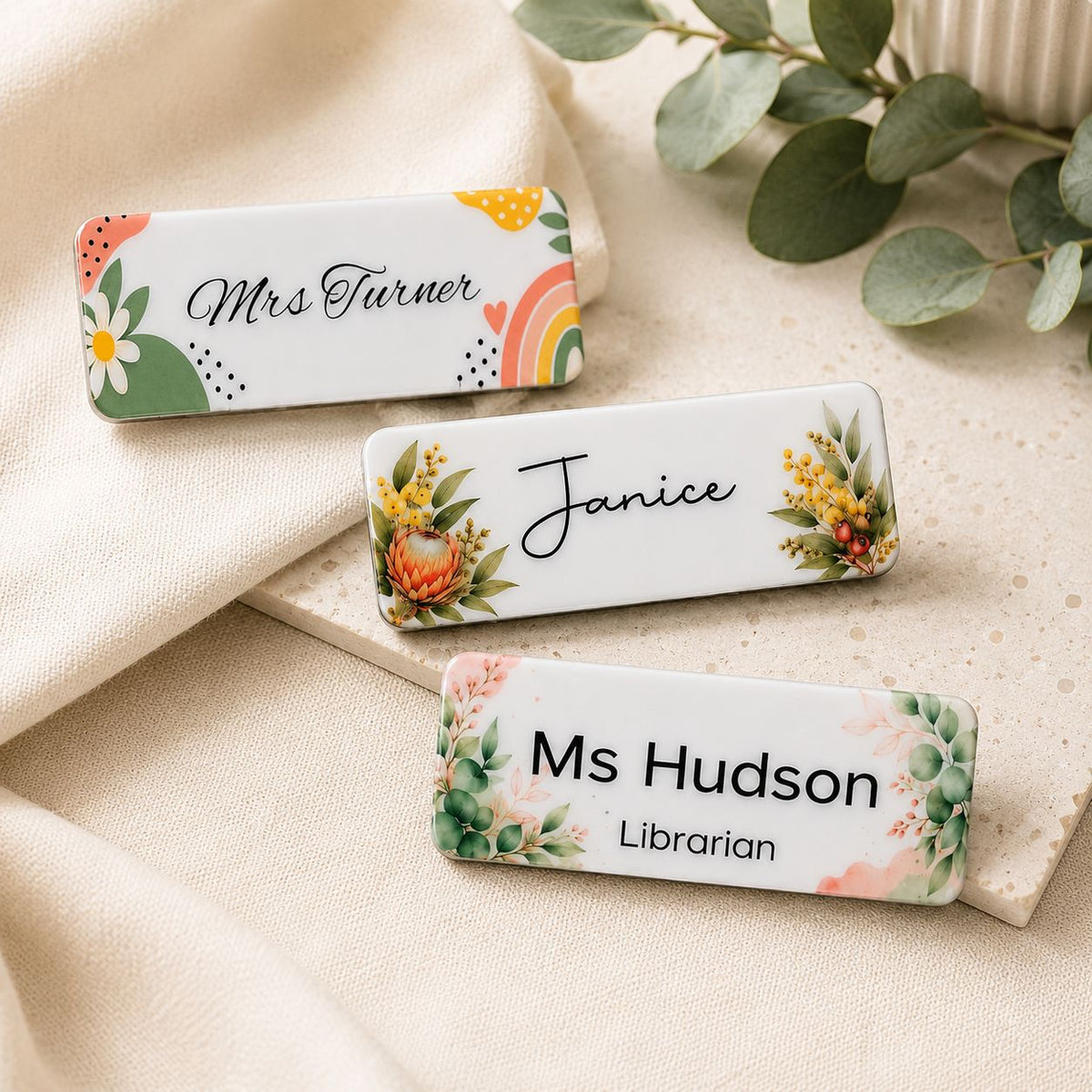 Personalised teacher and educator name badges with choice of floral designs