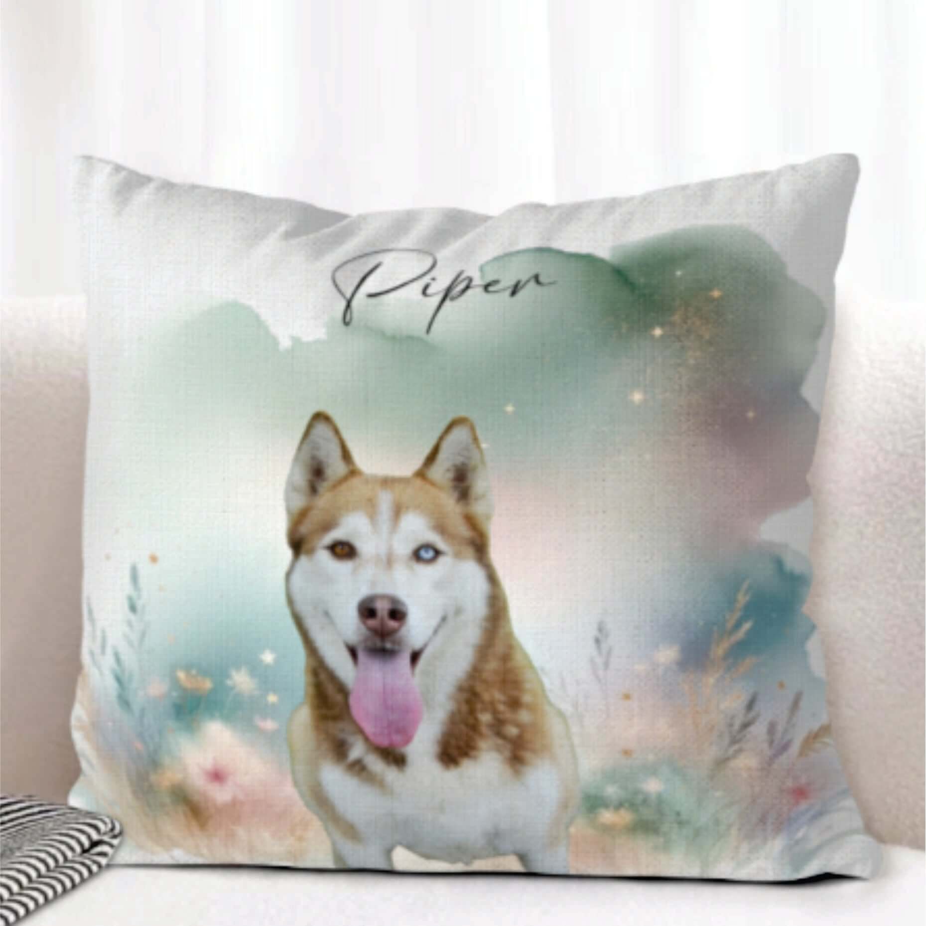 pet memorial cushion with watercolour background