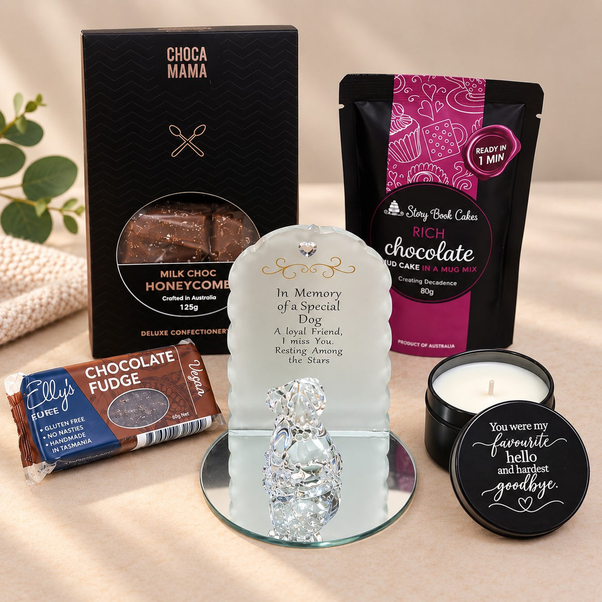 dog and cat bereavement hamper with glass memorial plaque and candle
