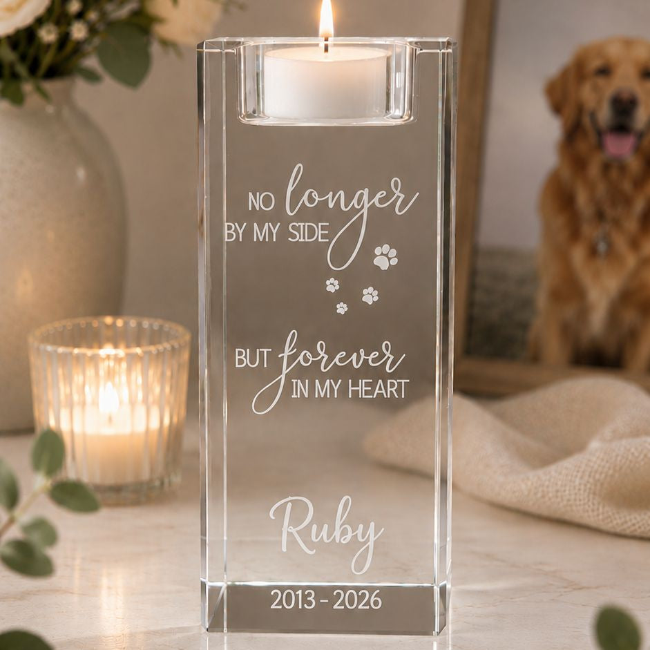 Personalised crystal pet memorial candle holder engraved with Forever in My Heart
