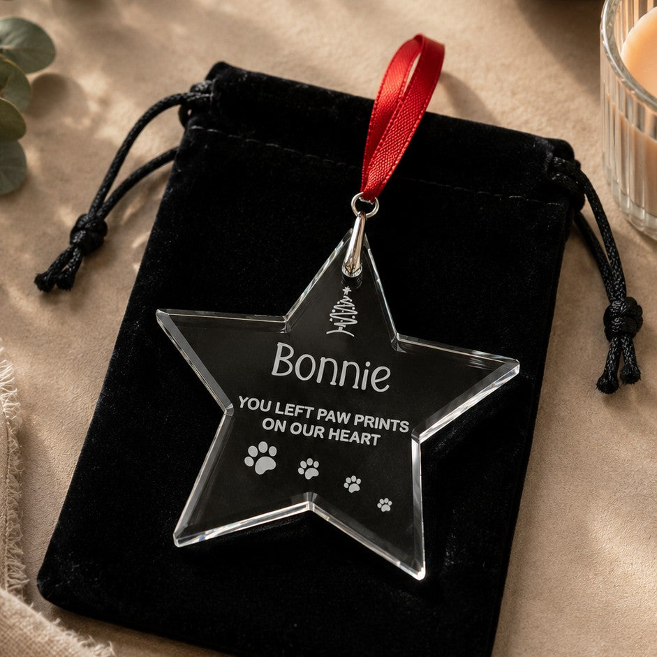 Personalised crystal pet memorial star ornament with black velvet gift bag