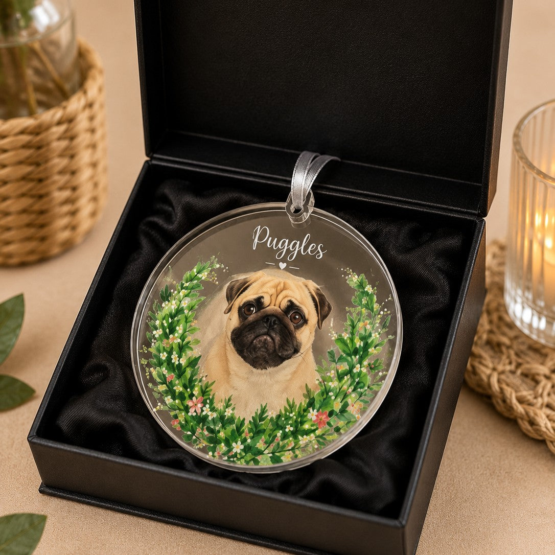 custom pet keepsake ornament with floral wreath design