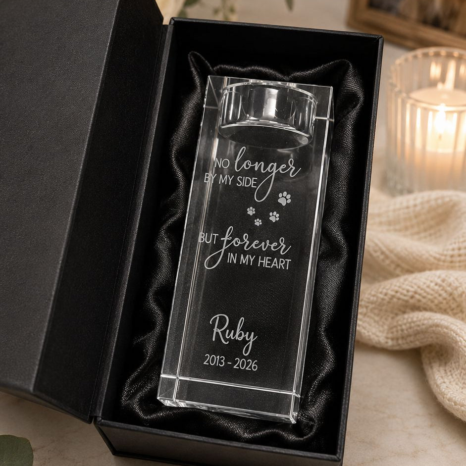 Personalised crystal pet remembrance candle holder with luxury black gift box