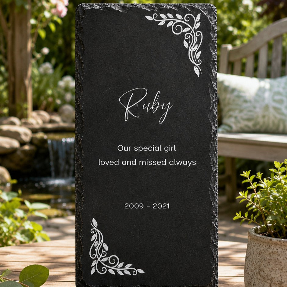 Minimalist personalised pet memorial slate keepsake with custom wording and dates