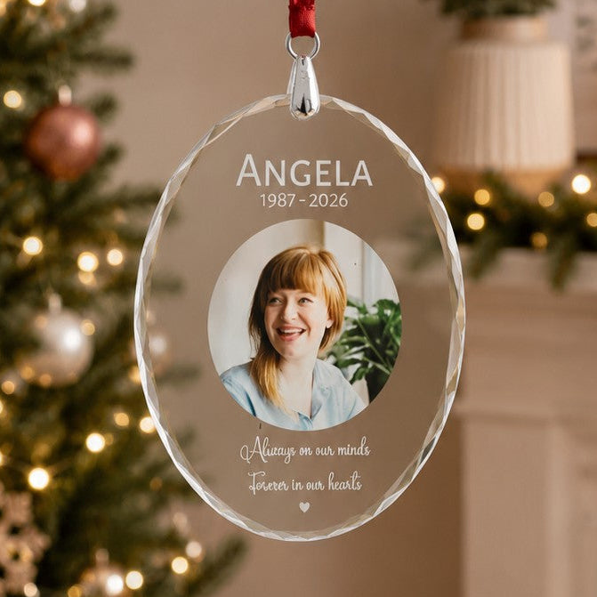 Crystal memorial Christmas ornament with personalised photo and heartfelt message