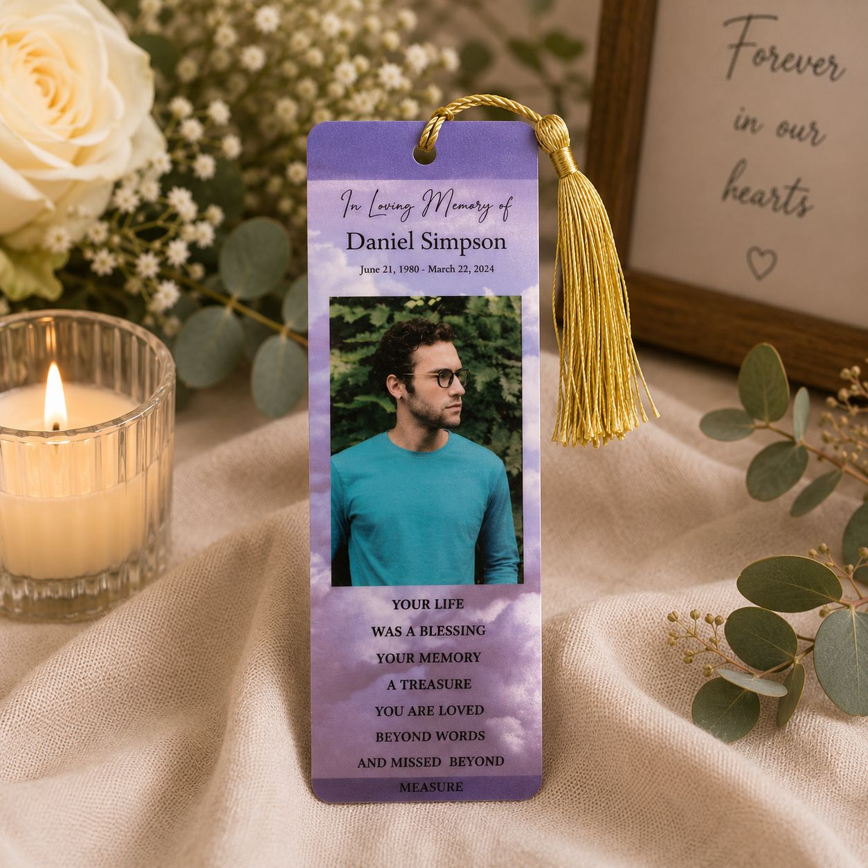 Funeral remembrance acrylic bookmarks with personalised photo and memorial poem