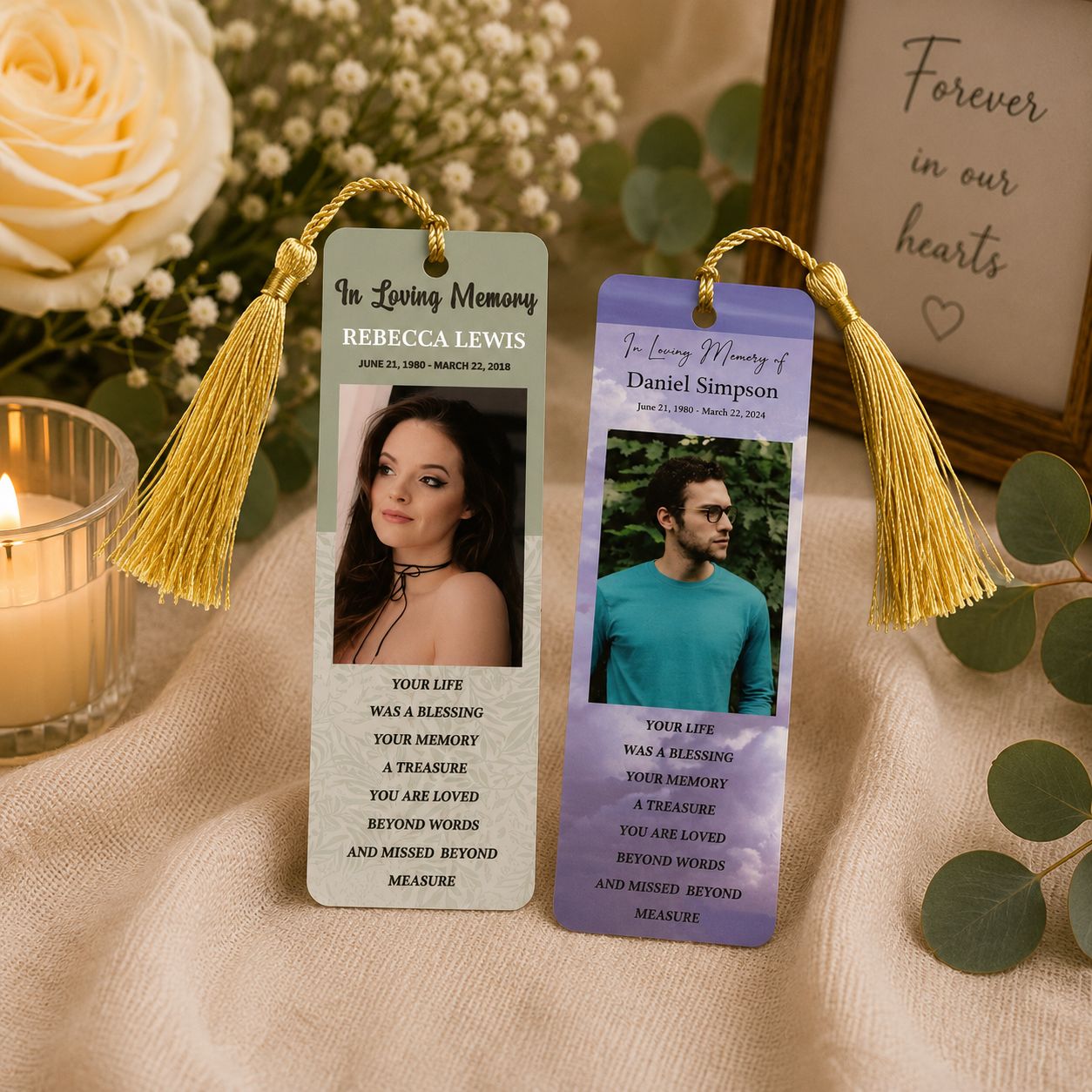 Personalised memorial photo bookmarks printed on 2mm white acrylic with luxury tassels